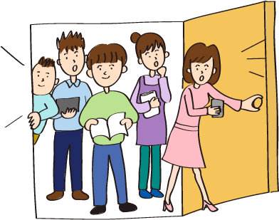 人々がドアから中をのぞき込んでいるイラスト